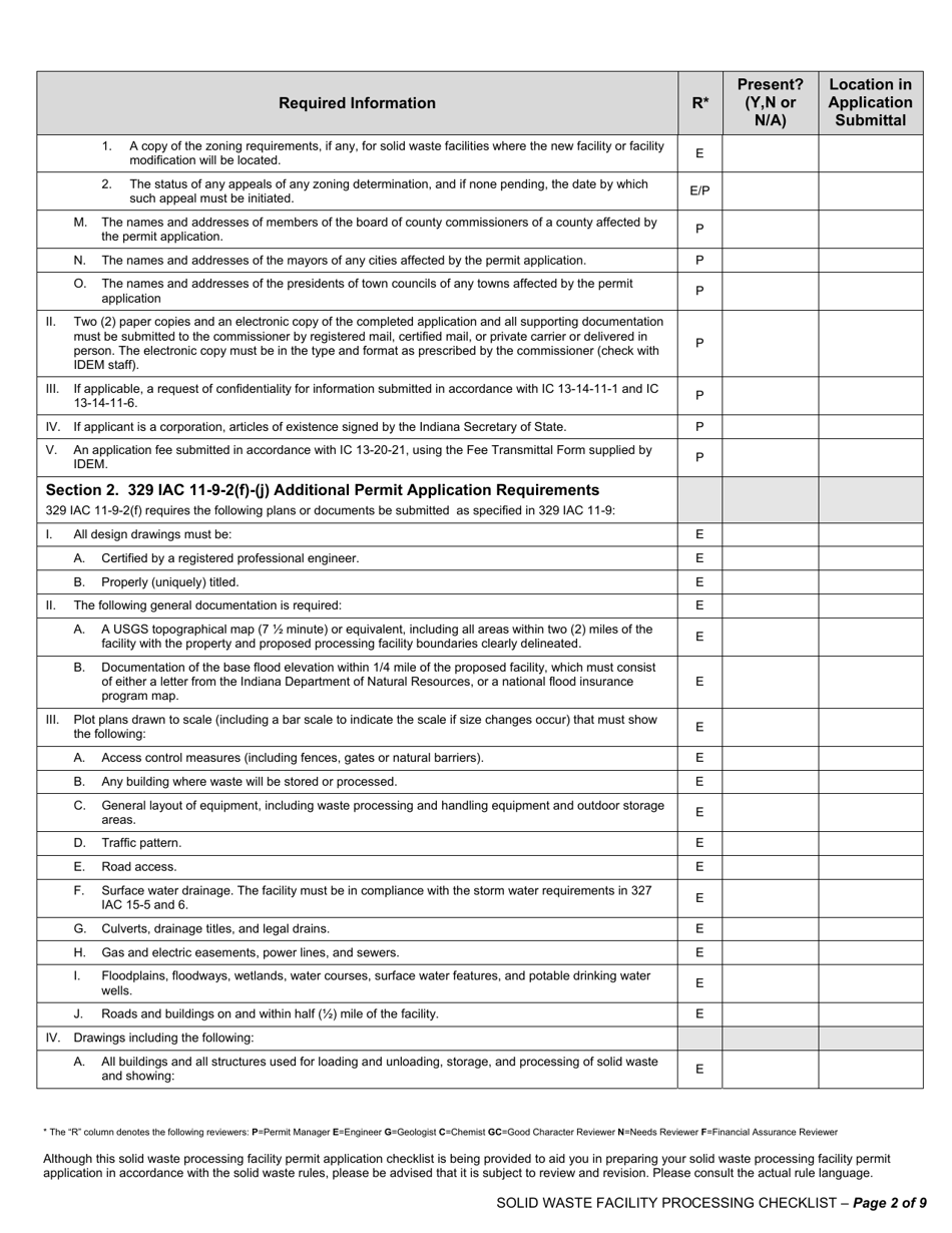 State Form 53315 Solid Waste Processing Facilities and Incinerators / New Facility and Major Modification Permit Application Checklist - Indiana, Page 2