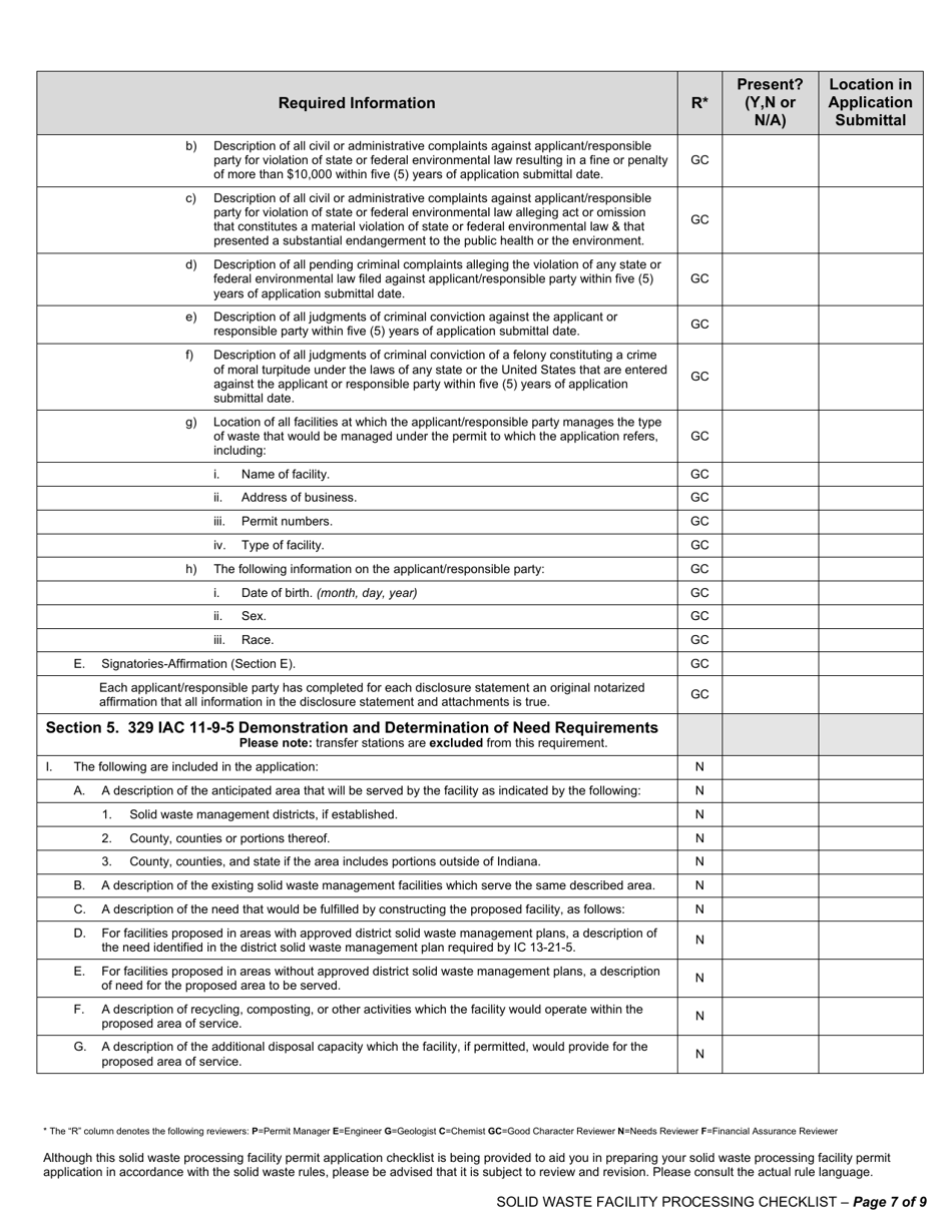 State Form 53315 Solid Waste Processing Facilities and Incinerators / New Facility and Major Modification Permit Application Checklist - Indiana, Page 7