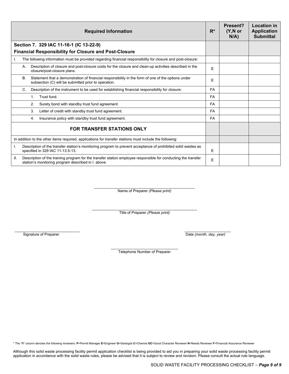 State Form 53315 Solid Waste Processing Facilities and Incinerators / New Facility and Major Modification Permit Application Checklist - Indiana, Page 9