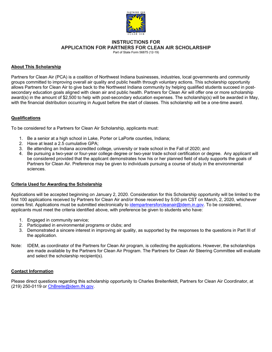 State Form 56875 Application for Partners for Clean Air Pca Scholarship - Indiana, Page 1