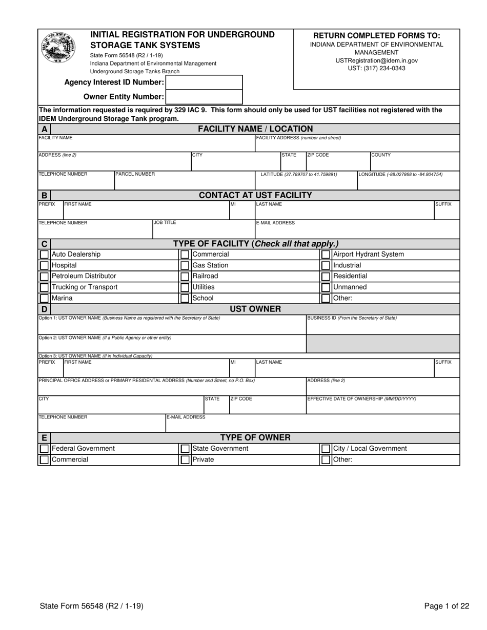 State Form 56548 Initial Registration for Underground Storage Tanks - Indiana, Page 1