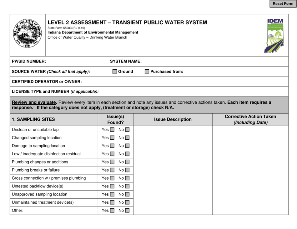 State Form 55983 Level 2 Assessment - Transient Public Water System - Indiana, Page 1