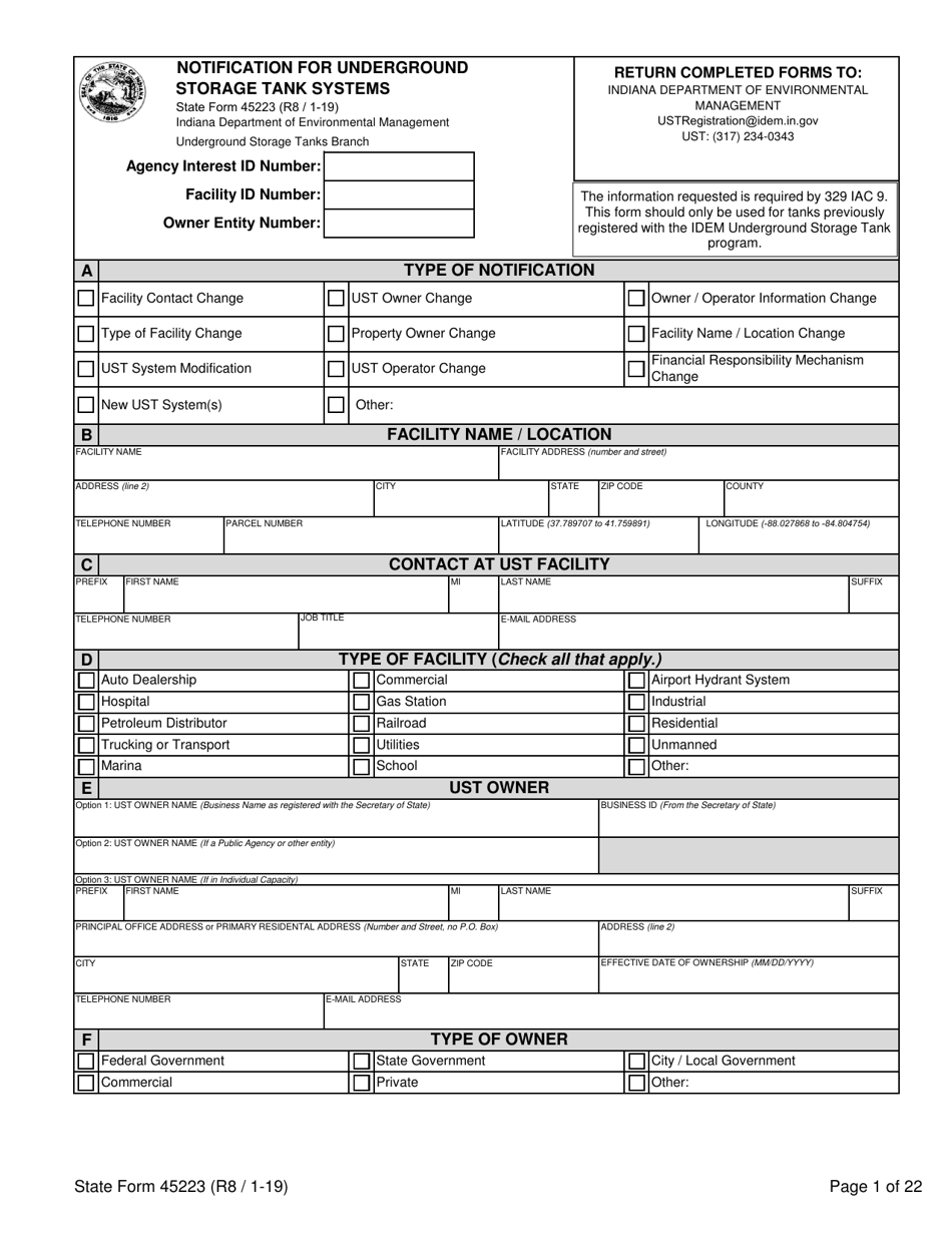 State Form 45223 Notification for Underground Storage Tank Systems - Indiana, Page 1
