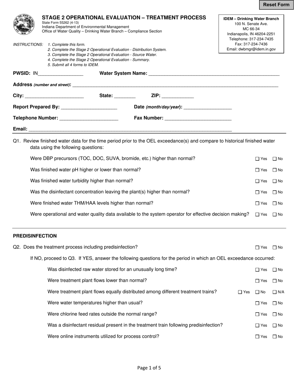 State Form 55262 Stage 2 Operational Evaluation - Treatment Process - Indiana, Page 1