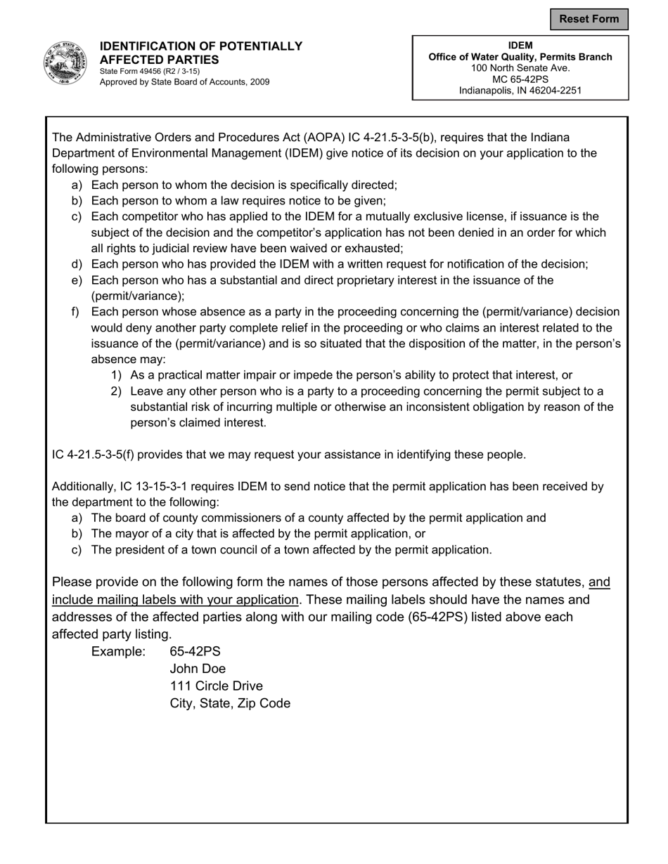 State Form 49456 Identification of Potentially Affected Parties - Indiana, Page 1