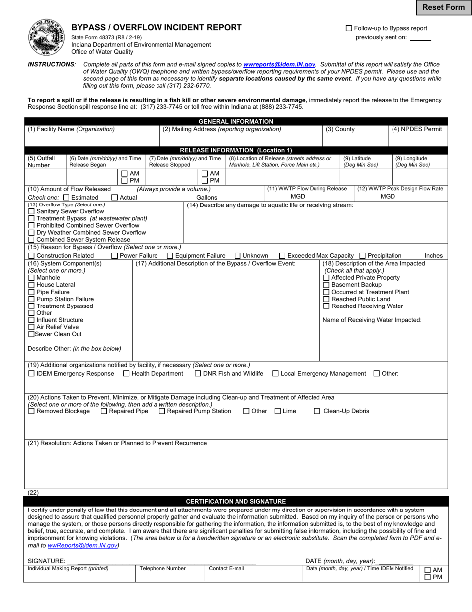 State Form 48373 Bypass / Overflow Incident Report - Indiana, Page 1