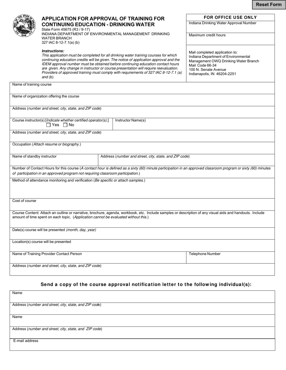 State Form 45675 Application for Approval of Training for Continuing Education - Drinking Water - Indiana, Page 1