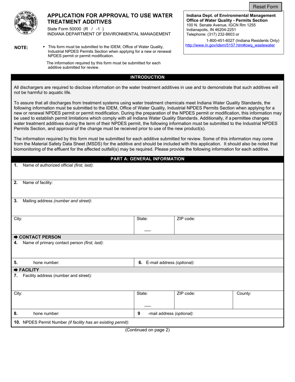 State Form 50000 Application for Approval to Use Water Treatment Additives - Indiana, Page 1