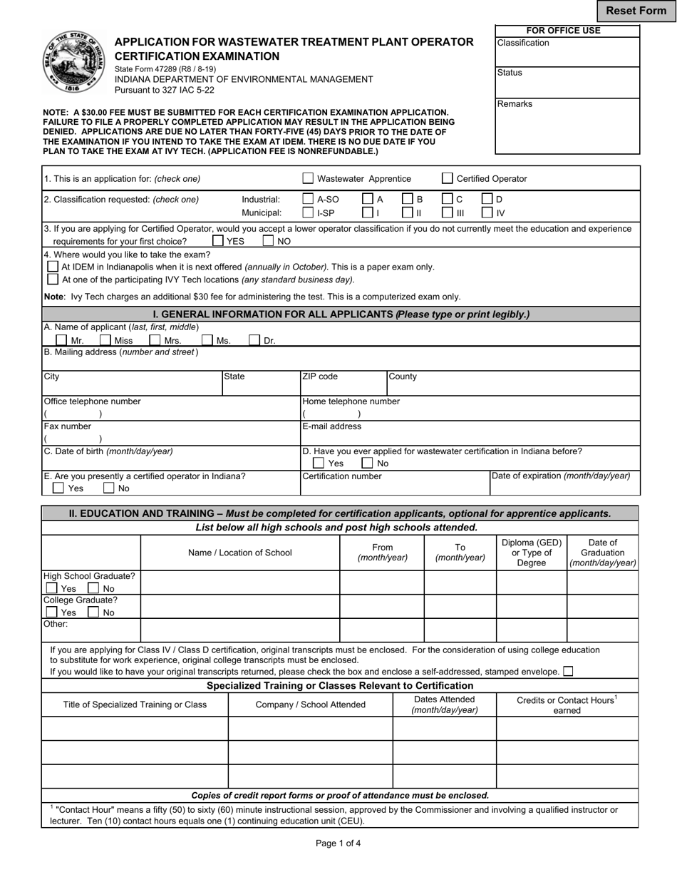 State Form 47289 Application for Wastewater Treatment Plan Operator Certification Examination - Indiana, Page 1
