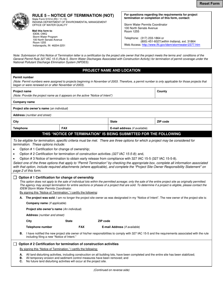 State Form 51514 Rule 5: Notice of Termination (Not) Storm Water Runoff Associated With Construction Activity - Indiana, Page 1