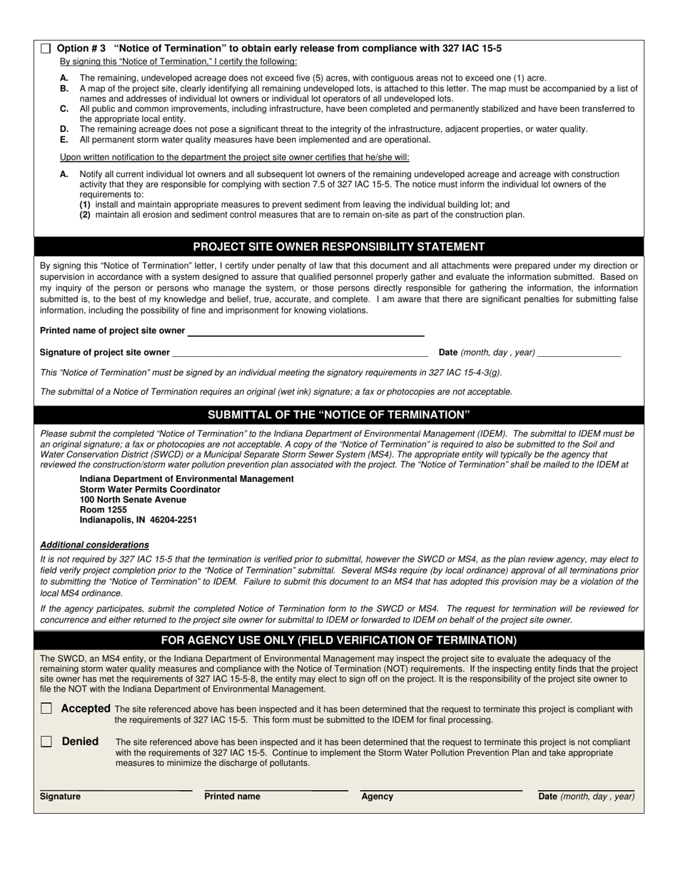 State Form 51514 Rule 5: Notice of Termination (Not) Storm Water Runoff Associated With Construction Activity - Indiana, Page 2