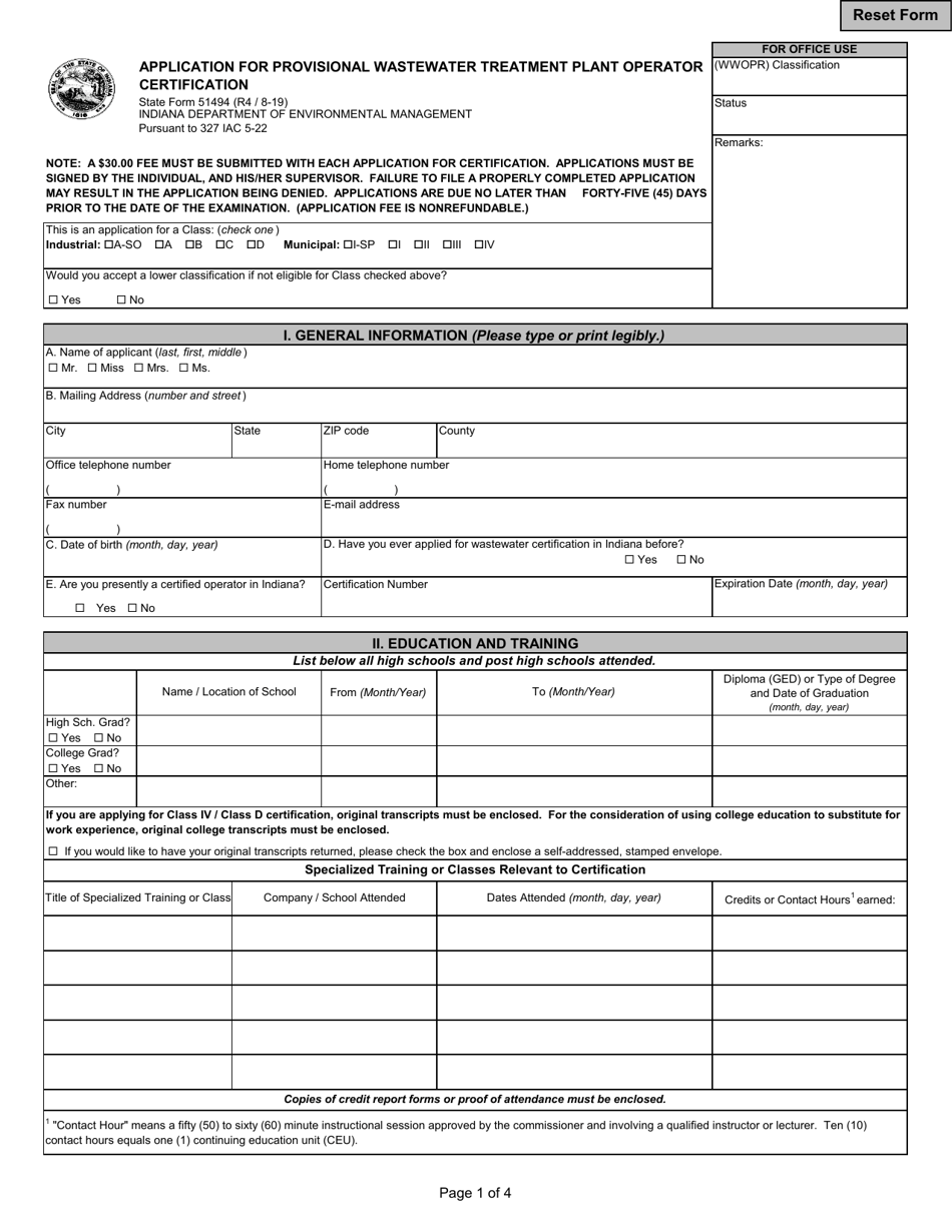 State Form 51494 Application for Provisional Wastewater Treatment Plant Operator Certification - Indiana, Page 1