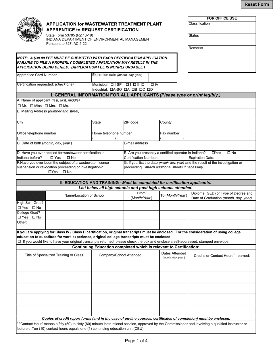 State Form 53785 Application for Wastewater Treatment Plant Apprentice to Request Certification - Indiana, Page 1