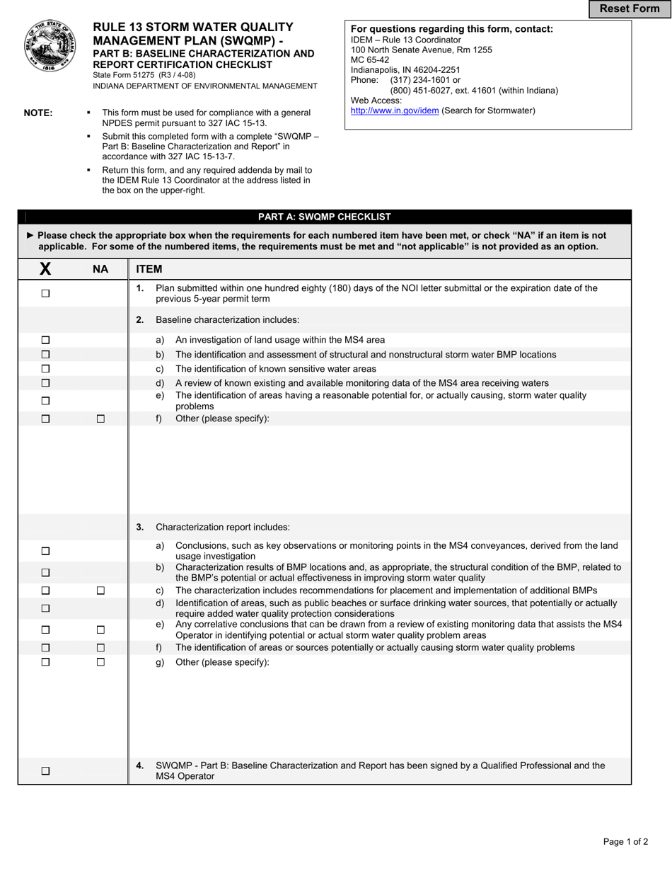 State Form 51275 Part B Rule 13 Storm Water Quality Management Plan (Swqmp) - Baseline Characterization and Report Certification Checklist - Indiana, Page 1