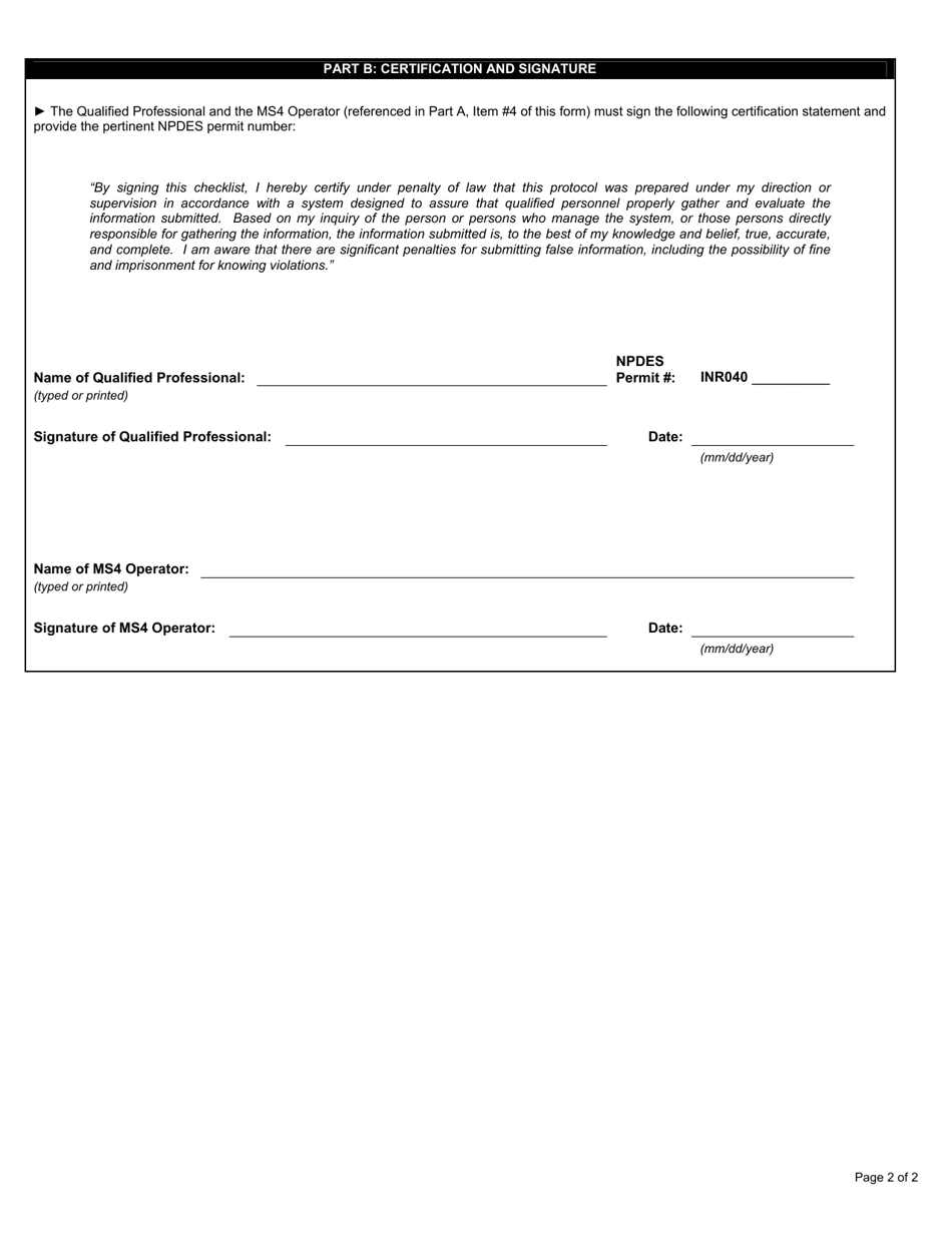 State Form 51275 Part B Rule 13 Storm Water Quality Management Plan (Swqmp) - Baseline Characterization and Report Certification Checklist - Indiana, Page 2