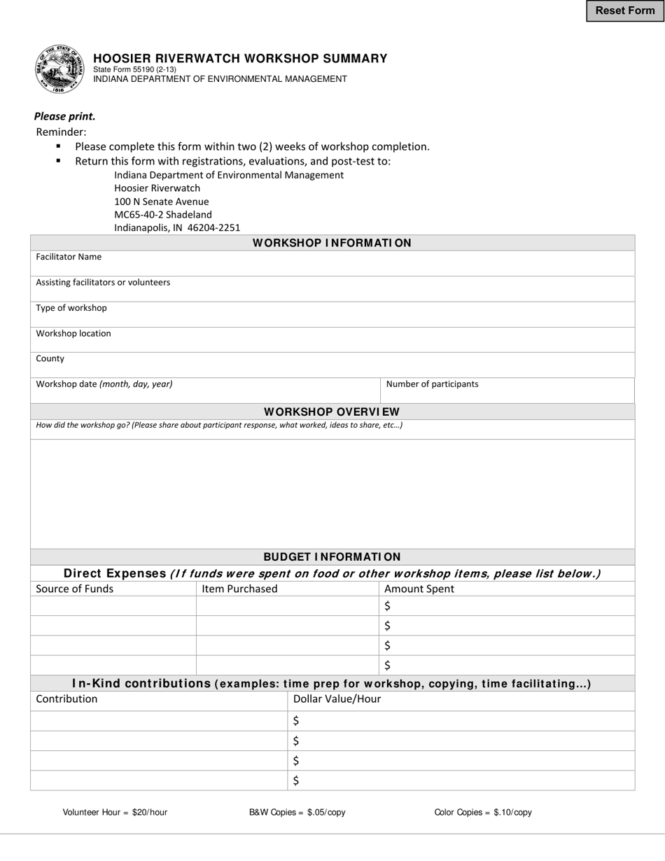 State Form 55190 Hoosier Riverwatch Workshop Summary - Indiana, Page 1