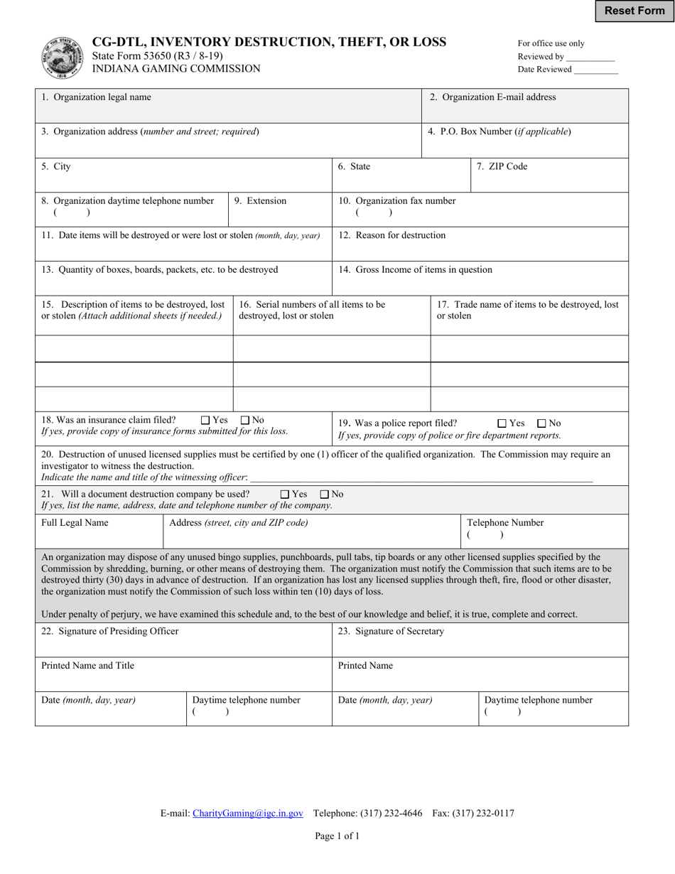 Form CG-DTL (State Form 53650) Inventory Destruction, Theft, or Loss - Indiana, Page 1