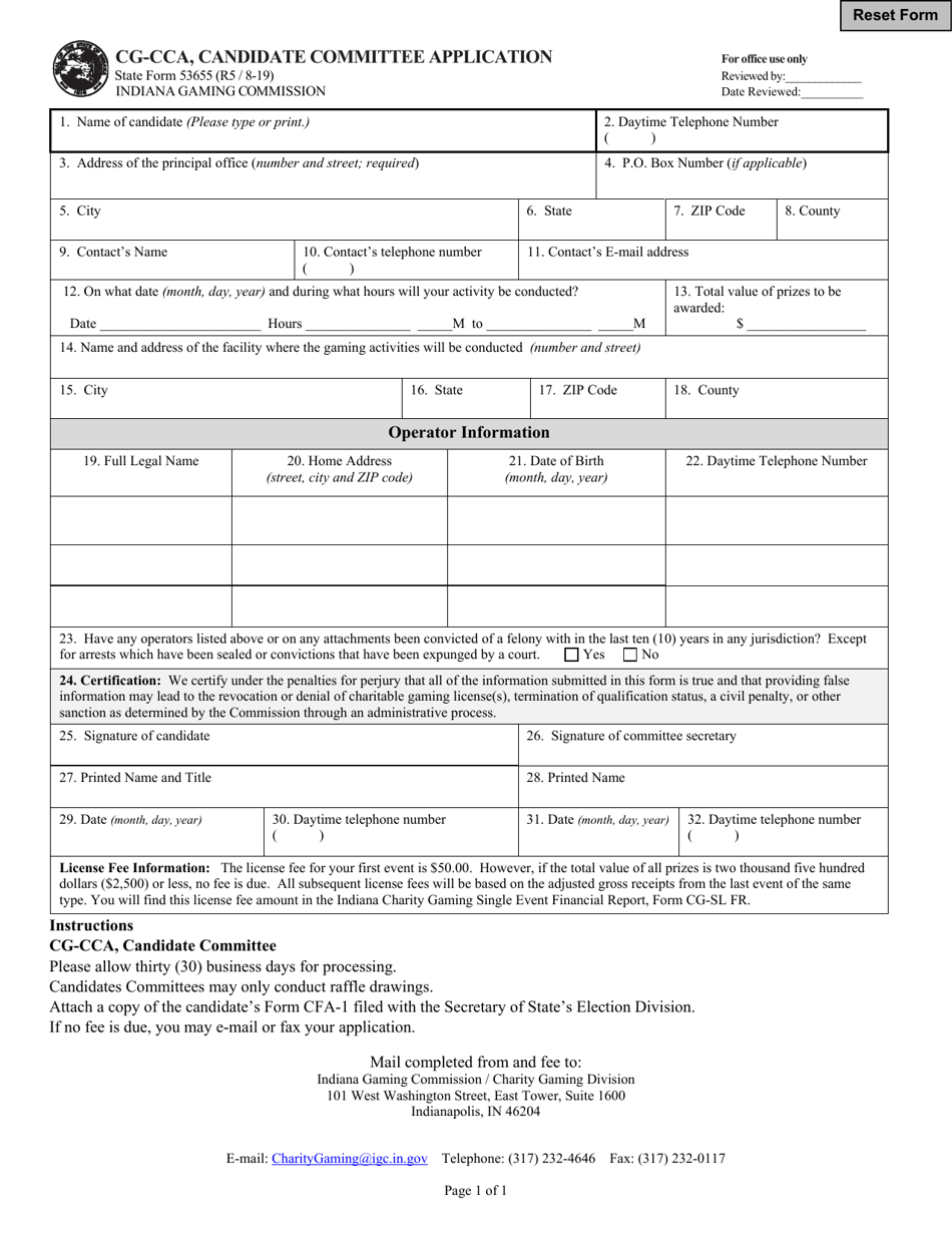 Form CG-CCA (State Form 53655) Candidate Committee Application - Indiana, Page 1