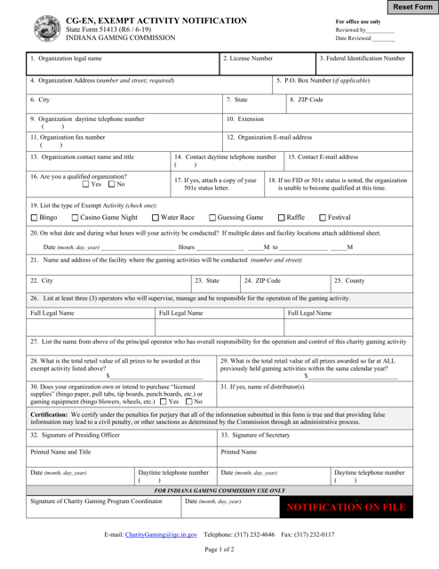 Form CG-EN (State Form 51413) Exempt Activity Notification - Indiana