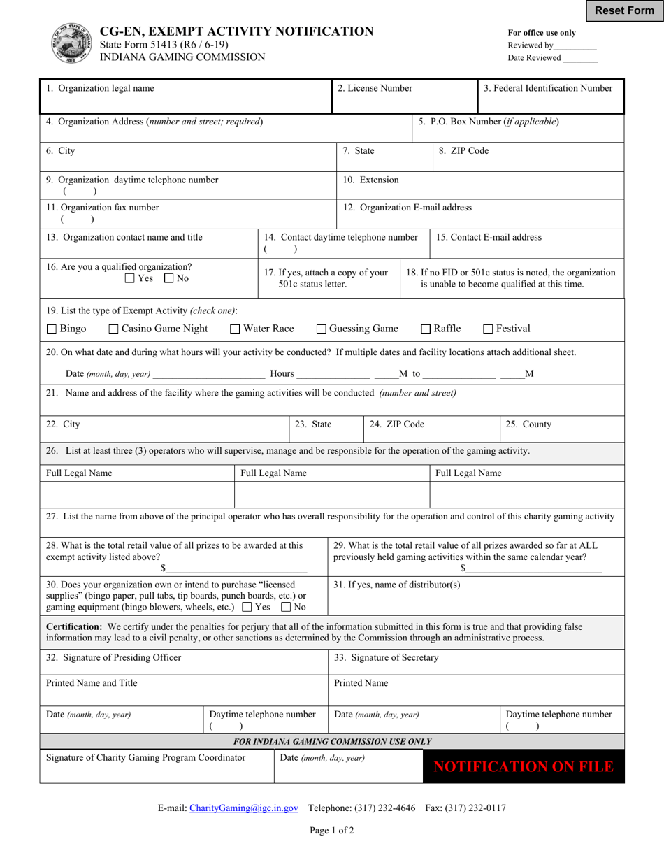 Form CG-EN (State Form 51413) Exempt Activity Notification - Indiana, Page 1