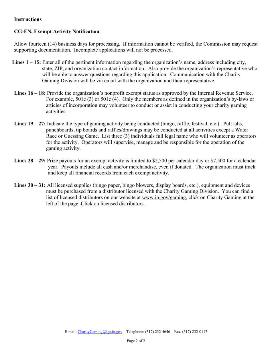 Form CG-EN (State Form 51413) Exempt Activity Notification - Indiana, Page 2