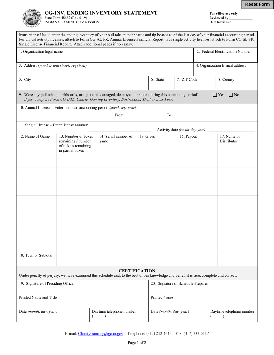 Form CG-INV (State Form 48682) Ending Inventory Statement - Indiana, Page 1