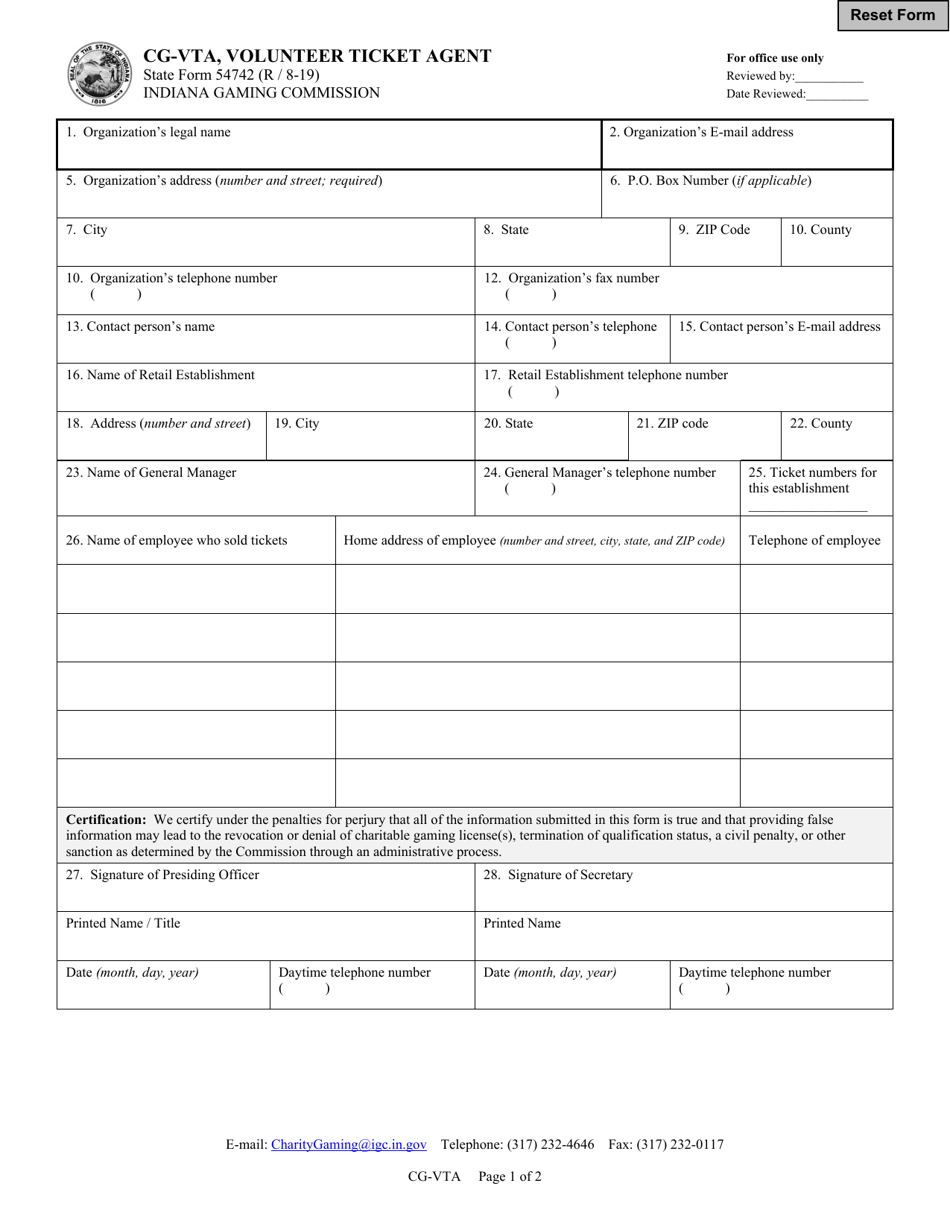 Form CG-VTA (State Form 54742) Volunteer Ticket Agent - Indiana, Page 1