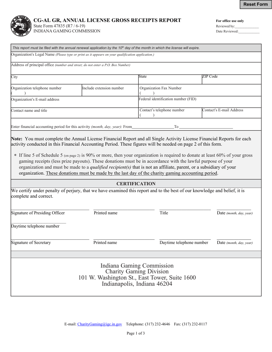 Form CG-21 (State Form 47835) Annual License Gross Receipts Report - Indiana, Page 1
