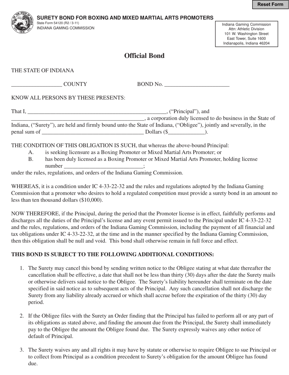 State Form 54120 Surety Bond for Boxing and Mixed Martial Arts Promoters - Indiana, Page 1