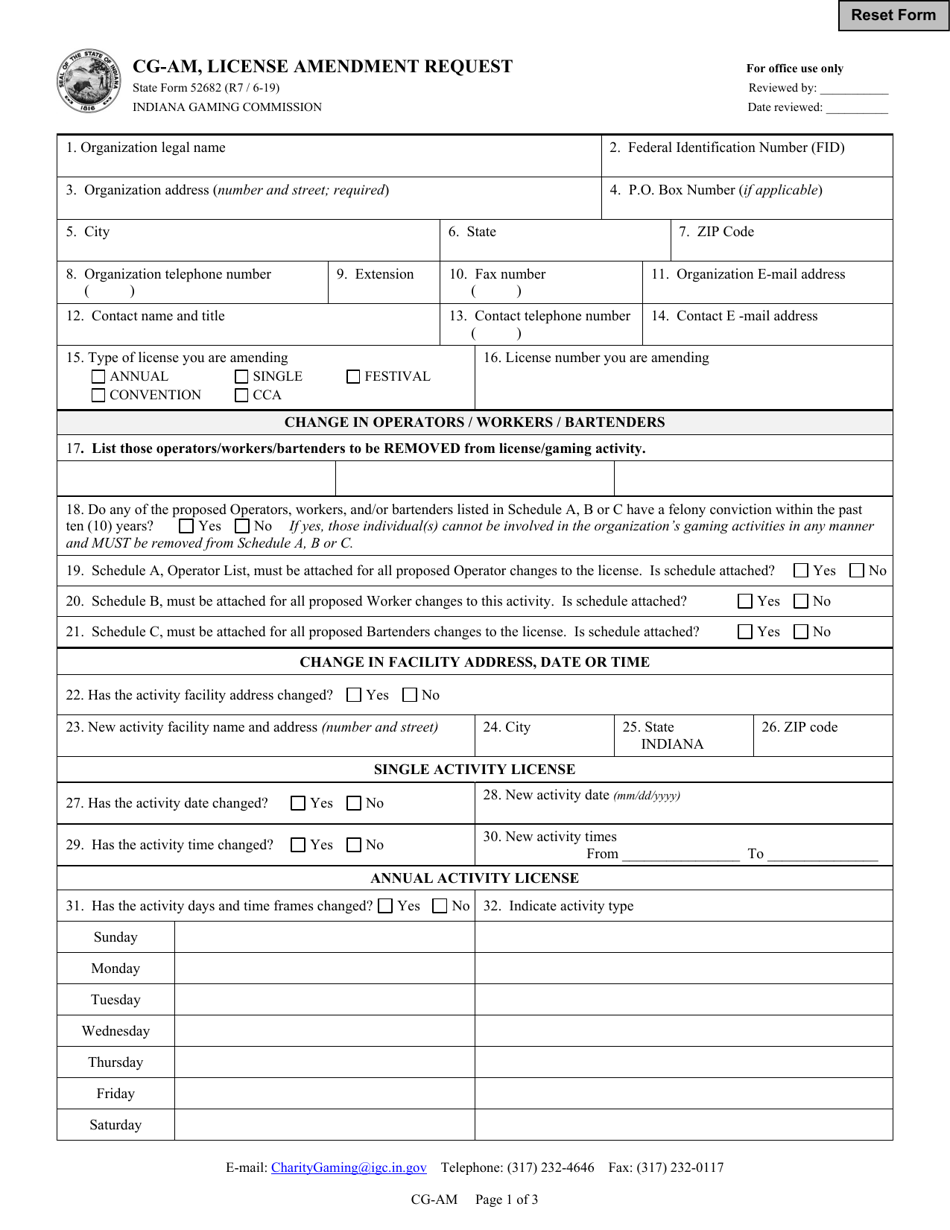 Form CG-AM (State Form 52682) License Amendment Request - Indiana, Page 1