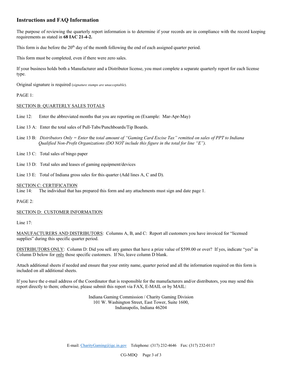 Form CG-MDQ (State Form 51414) Manufacturer and / or Distributor Quarterly Report - Indiana, Page 3