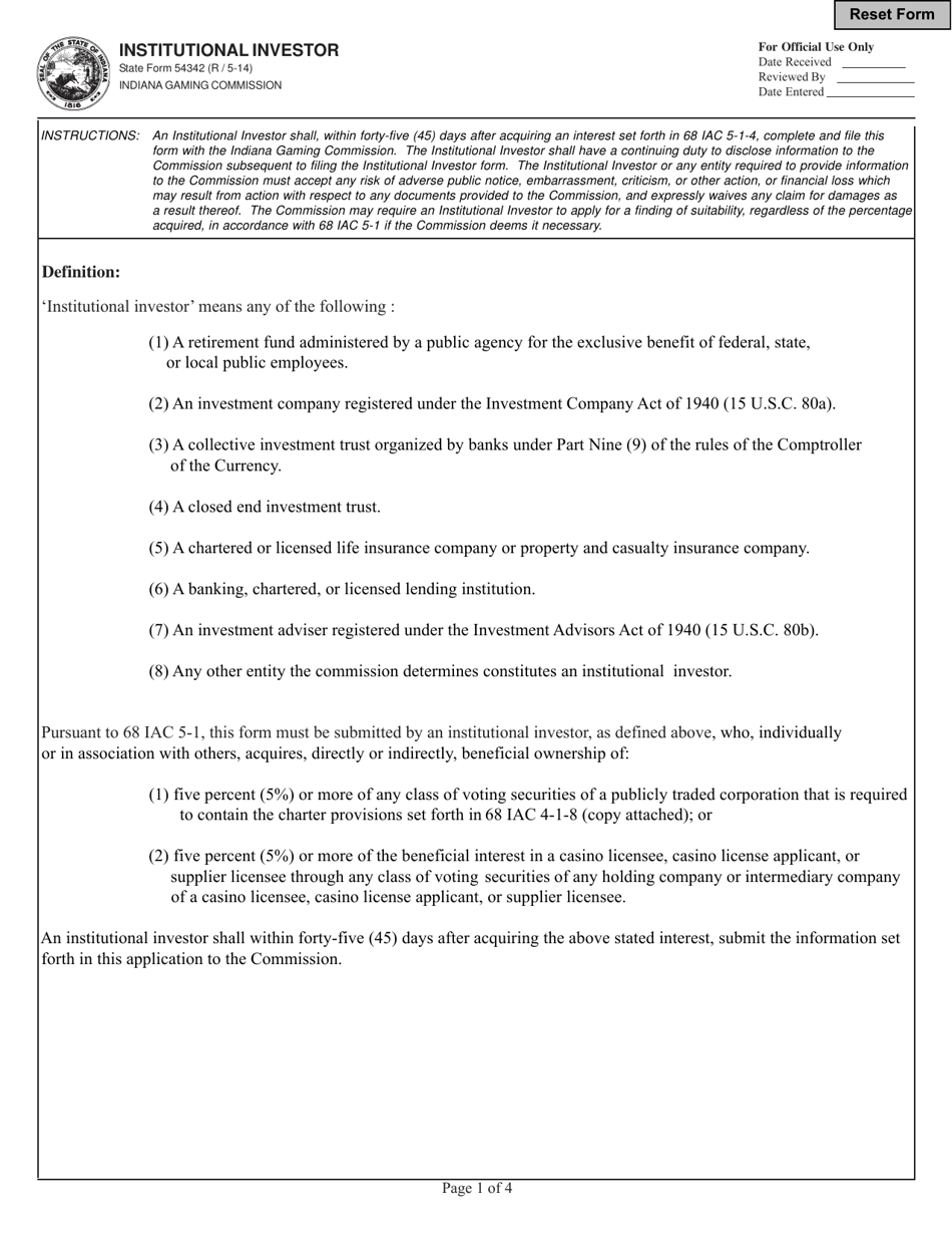 State Form 54342 Institutional Investor Form - Indiana, Page 1