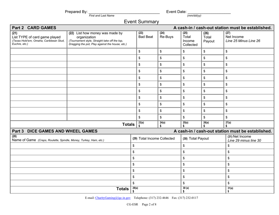 Form CG-ESR (State Form 54737) Event Summary Report - Indiana, Page 2