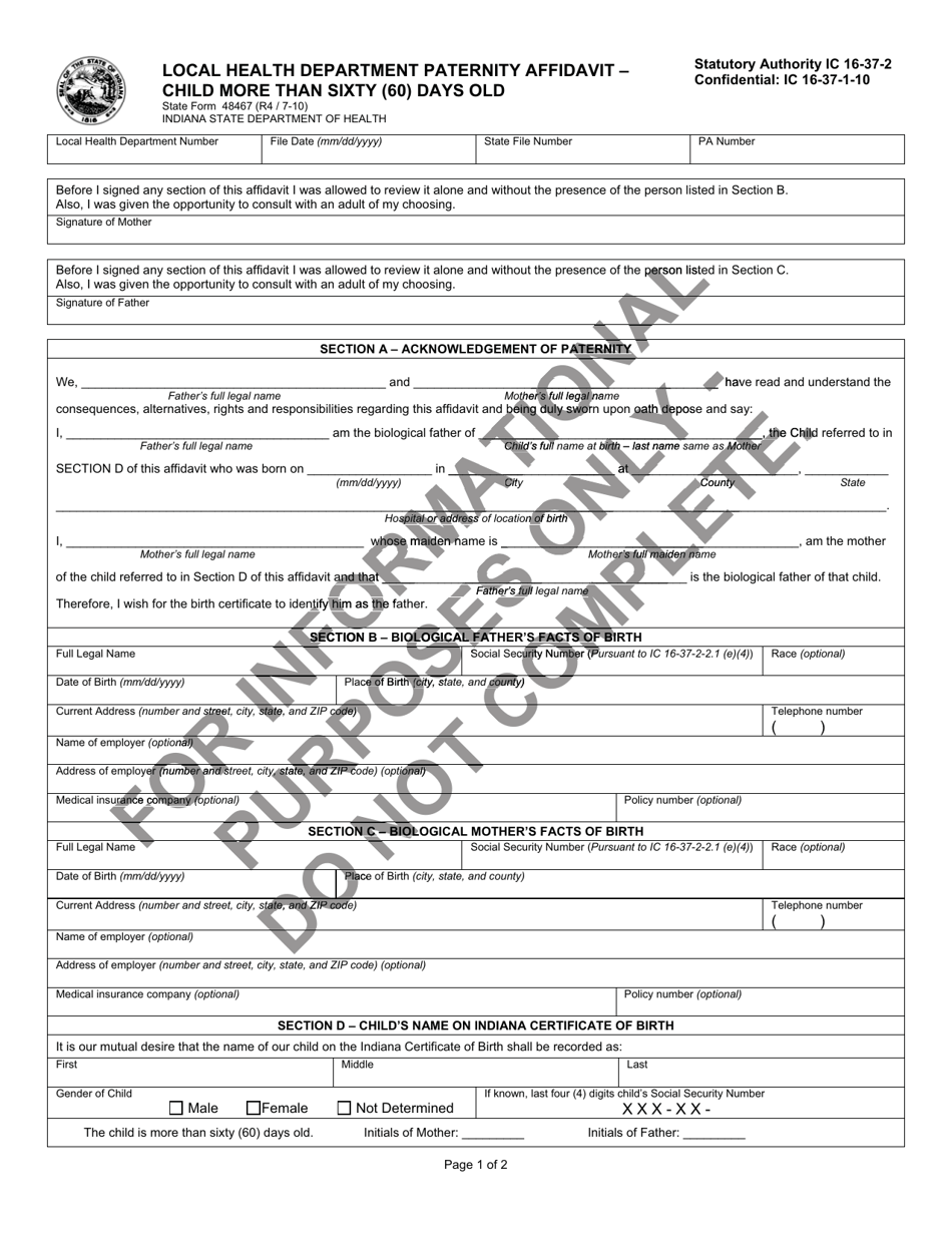 State Form 48467 Local Health Department Paternity Affidavit - Child More Than 60 Days Old - Indiana, Page 1