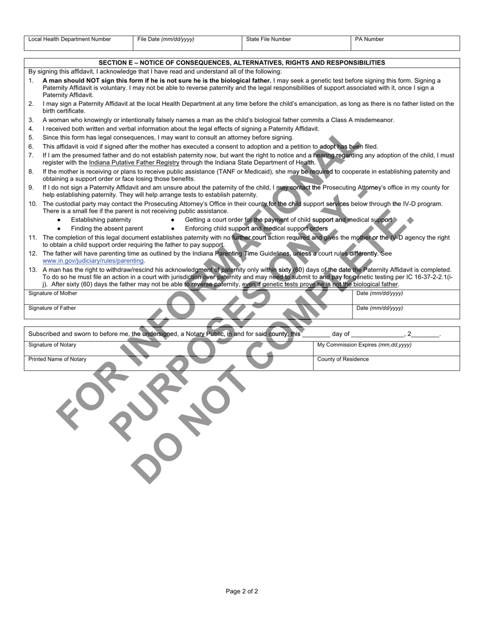 State Form 48467 Local Health Department Paternity Affidavit - Child More Than 60 Days Old - Indiana, Page 2