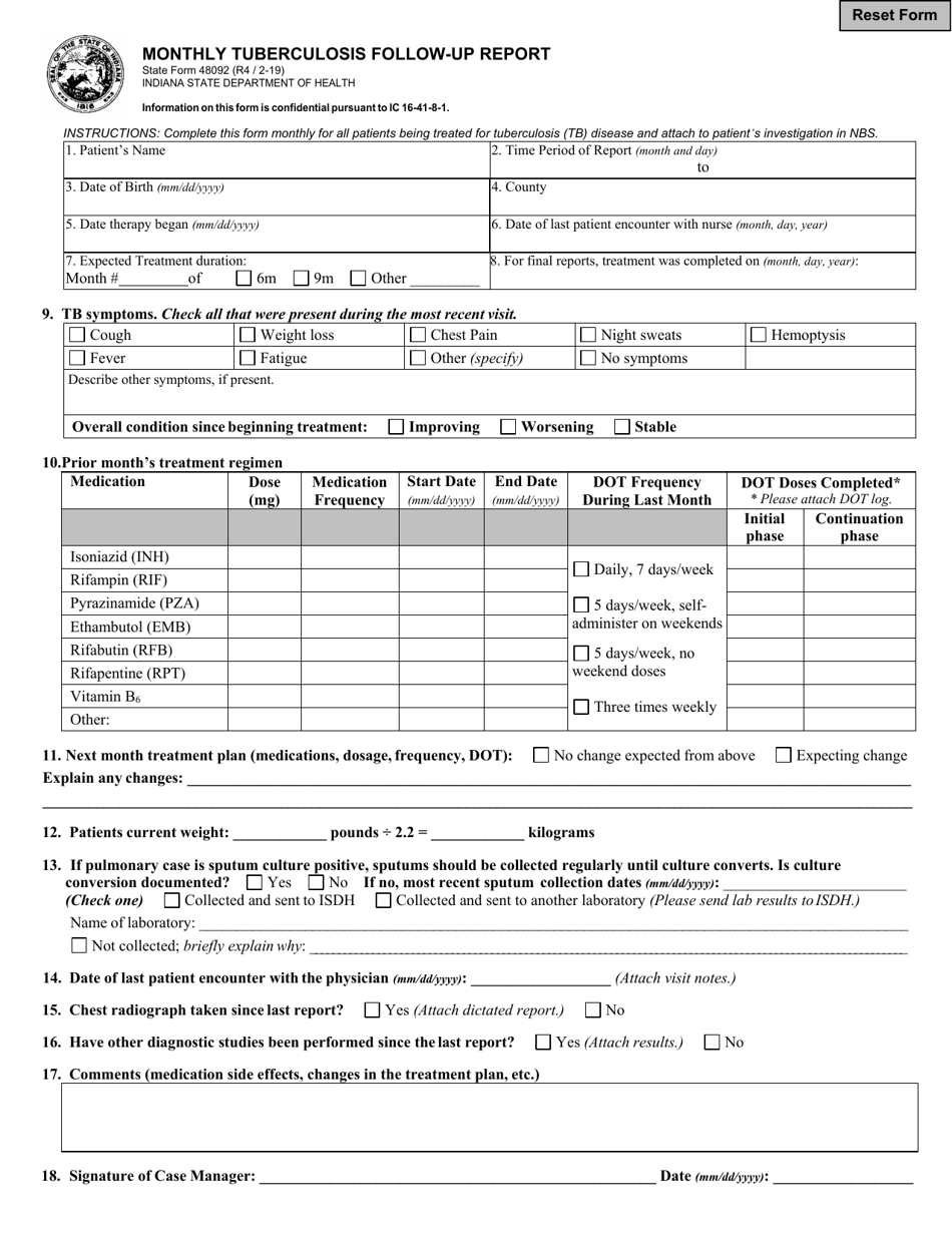 State Form 48092 Monthly Tuberculosis Follow-Up Report - Indiana, Page 1