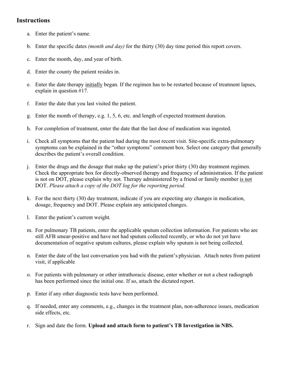 State Form 48092 Monthly Tuberculosis Follow-Up Report - Indiana, Page 2