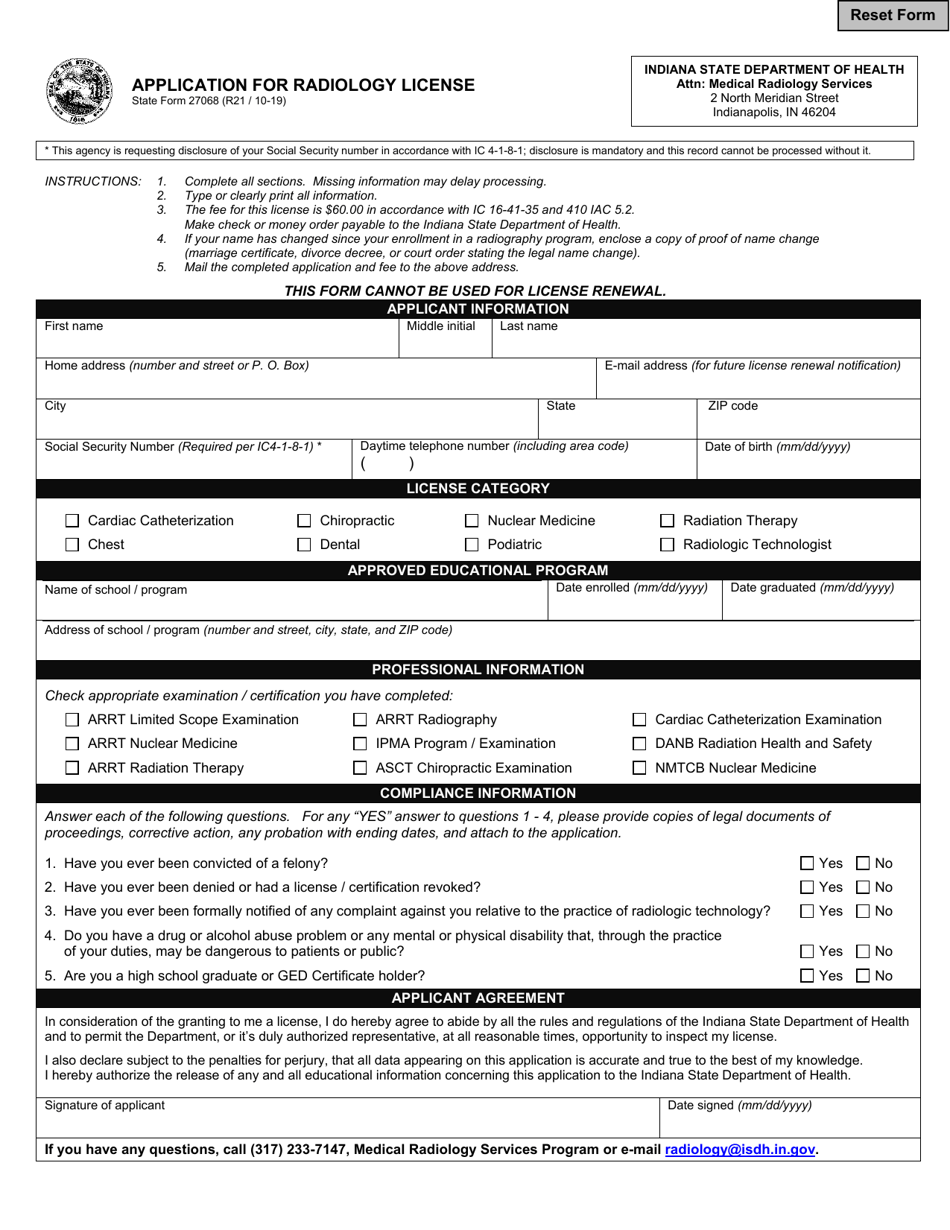 State Form 27068 Application for Radiology License - Indiana, Page 1