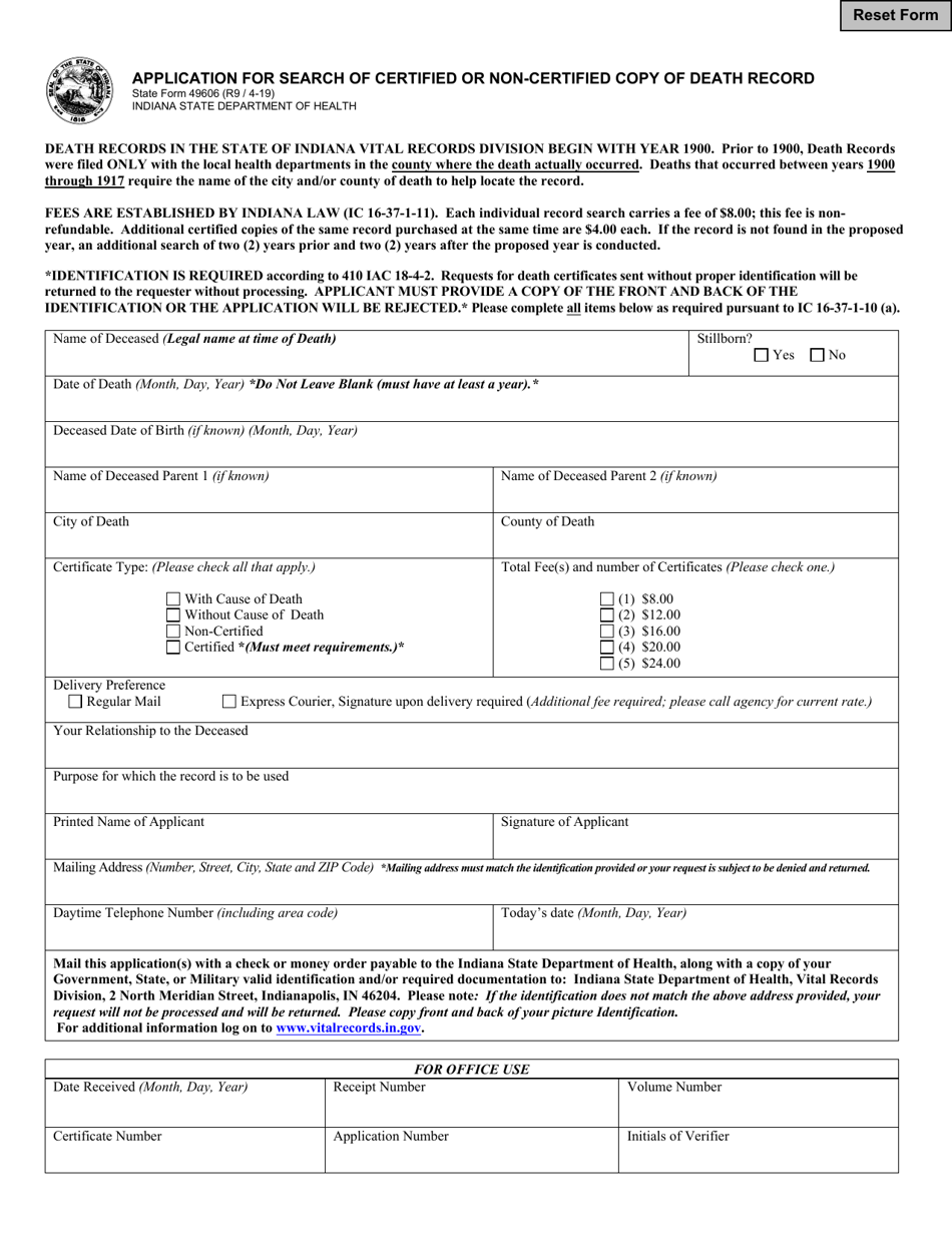 State Form 49606 Application for Search of Certified or Non-certified Copy of Death Record - Indiana, Page 1