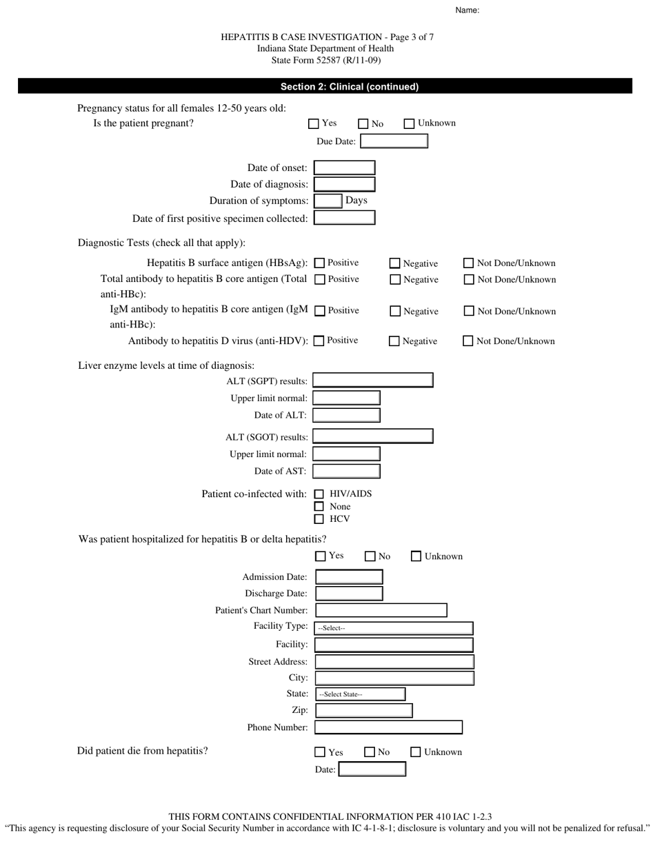 State Form 52587 Hepatitis B and Delta Hepatitis Case Investigation - Indiana, Page 3