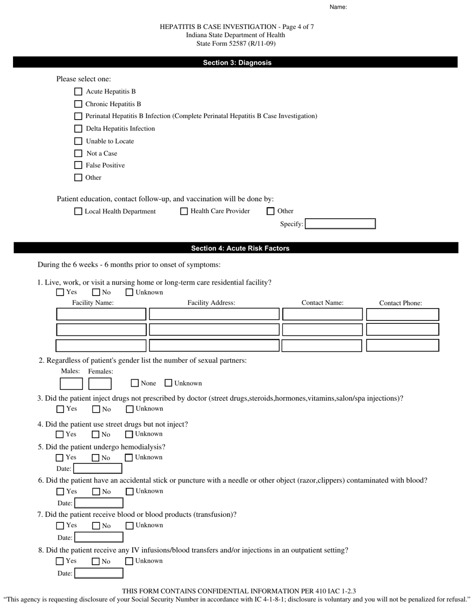 State Form 52587 Hepatitis B and Delta Hepatitis Case Investigation - Indiana, Page 4