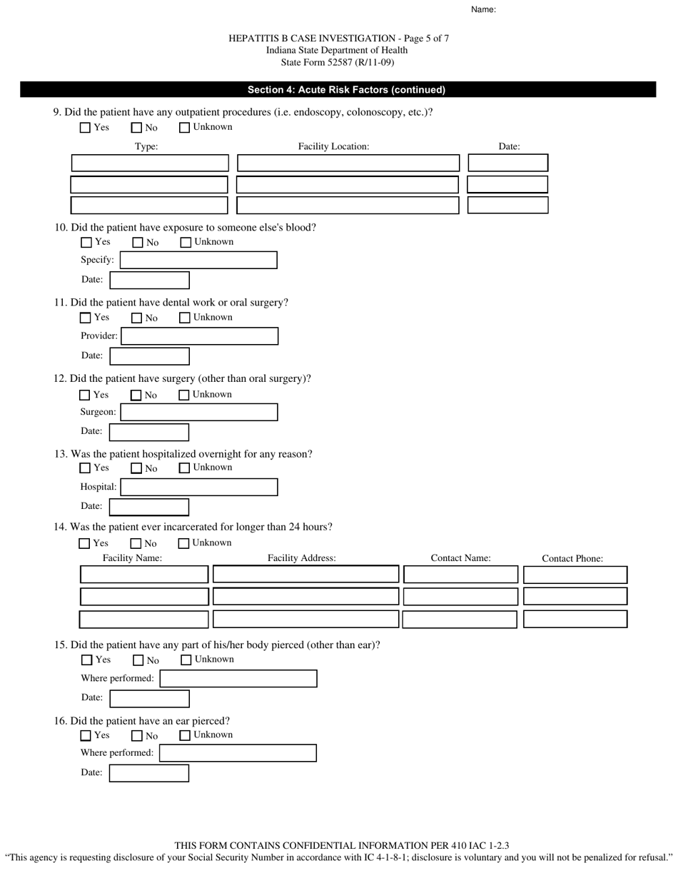 State Form 52587 Hepatitis B and Delta Hepatitis Case Investigation - Indiana, Page 5