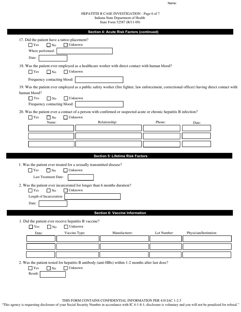 State Form 52587 Hepatitis B and Delta Hepatitis Case Investigation - Indiana, Page 6