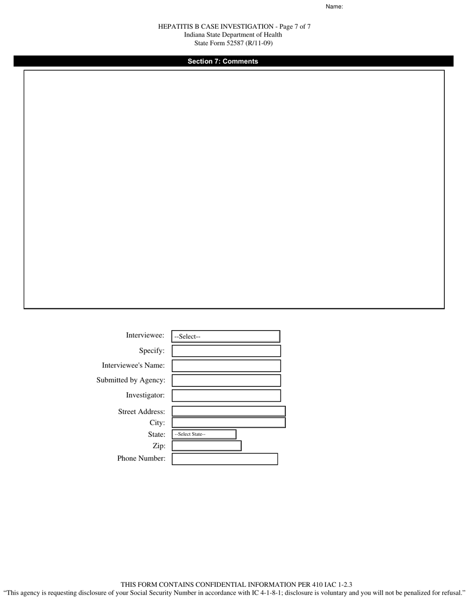 State Form 52587 Hepatitis B and Delta Hepatitis Case Investigation - Indiana, Page 7