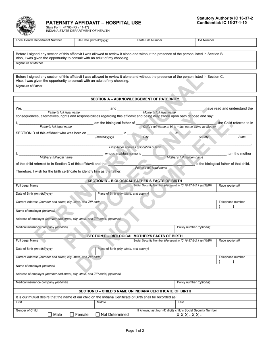 State Form 44780 Paternity Affidavit - Hospital Use - Indiana, Page 1