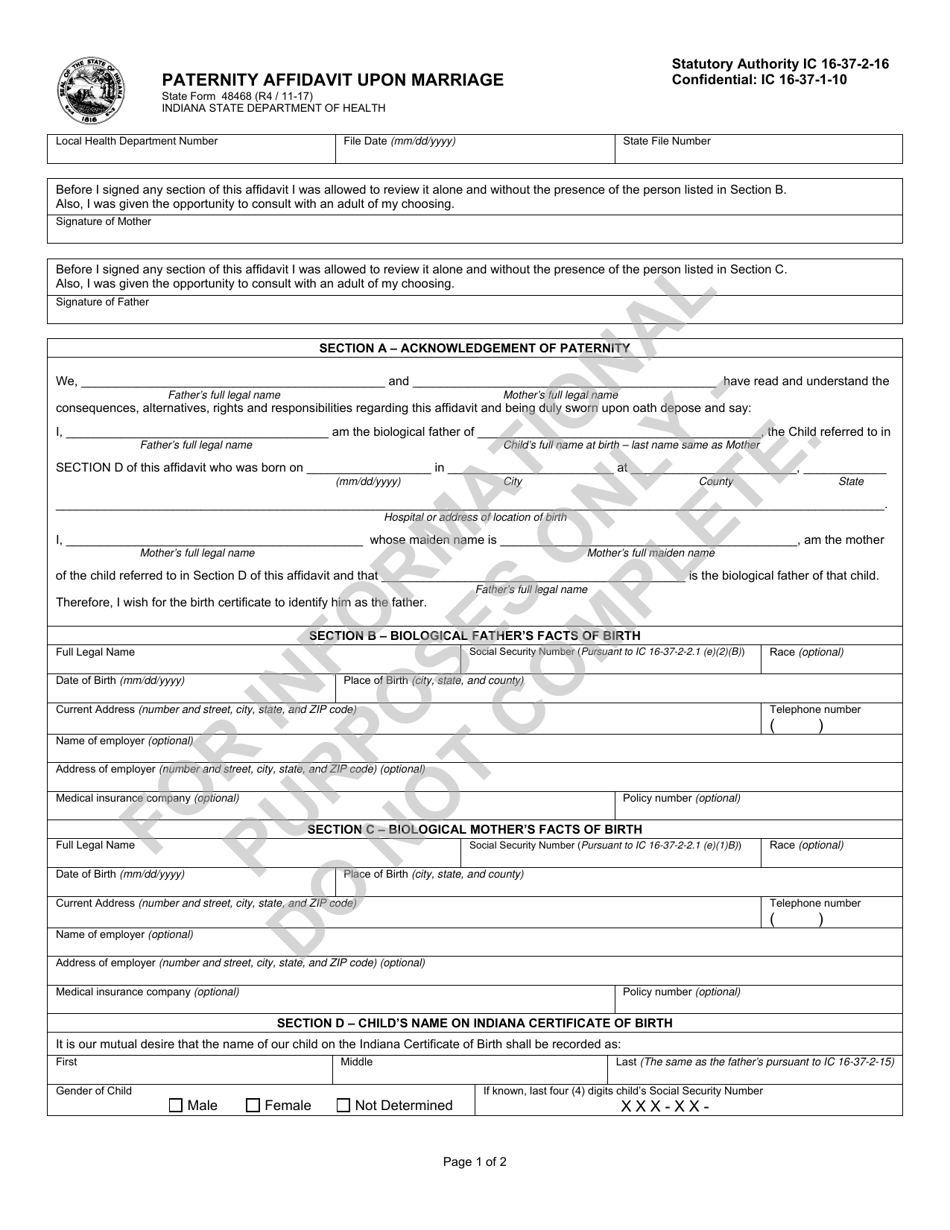 State Form 48468 Paternity Affidavit Upon Marriage - Indiana, Page 1