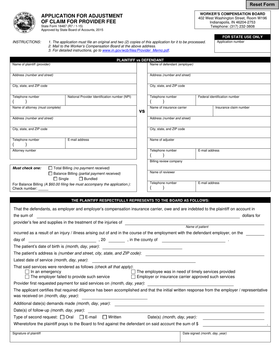 State Form 18487 Application for Adjustment of Claim for Provider Fee - Indiana, Page 1