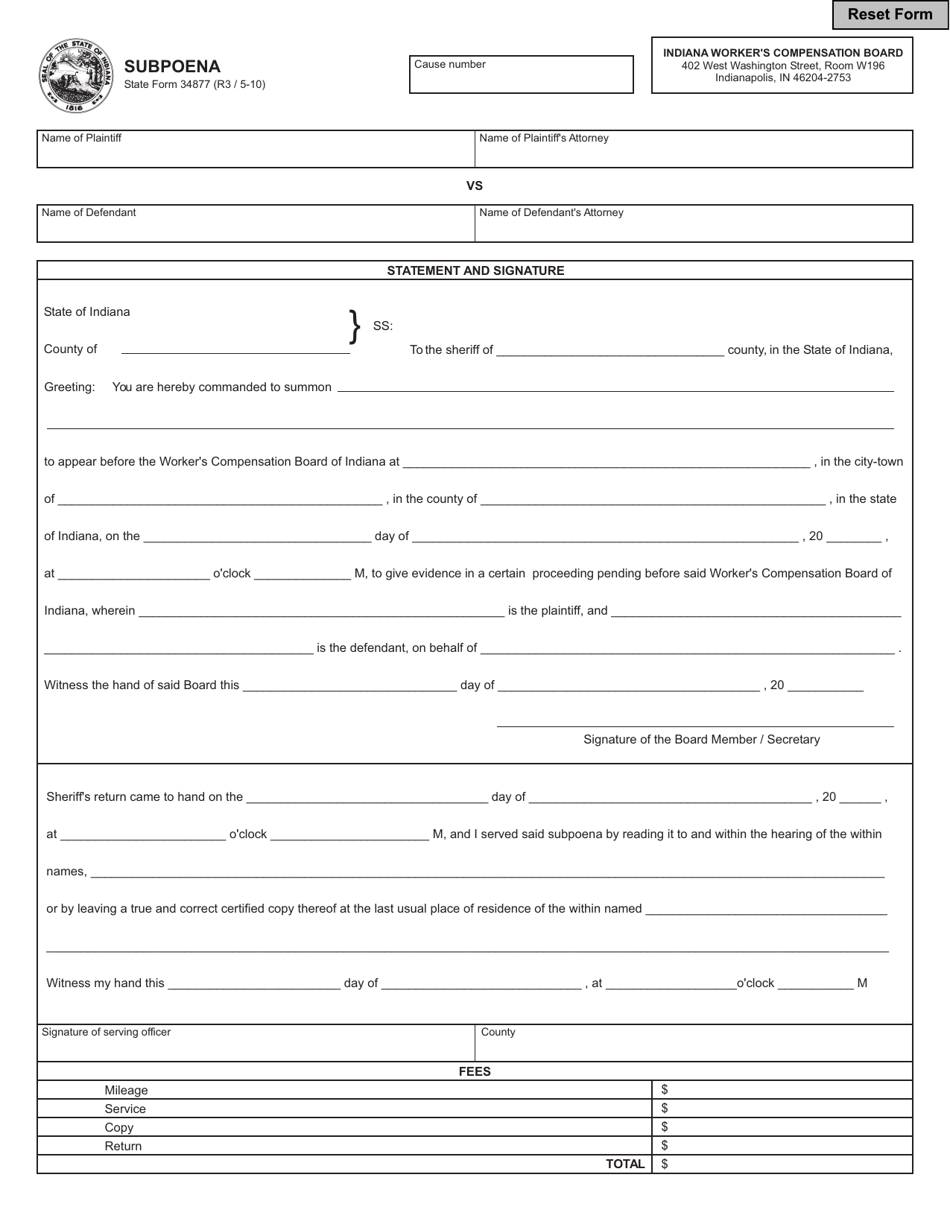 State Form 34877 Subpoena - Indiana, Page 1