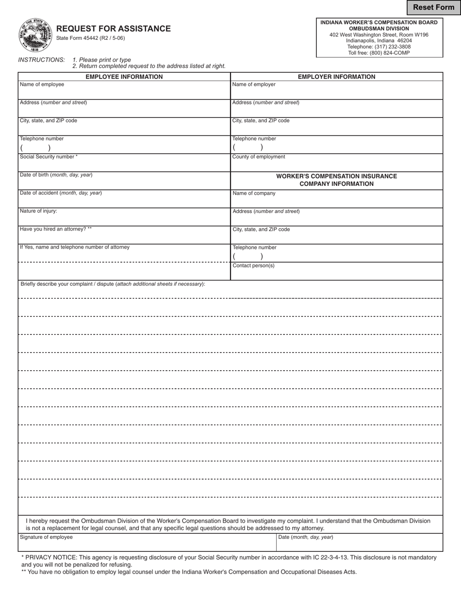 State Form 45442 Request for Assistance - Indiana, Page 1