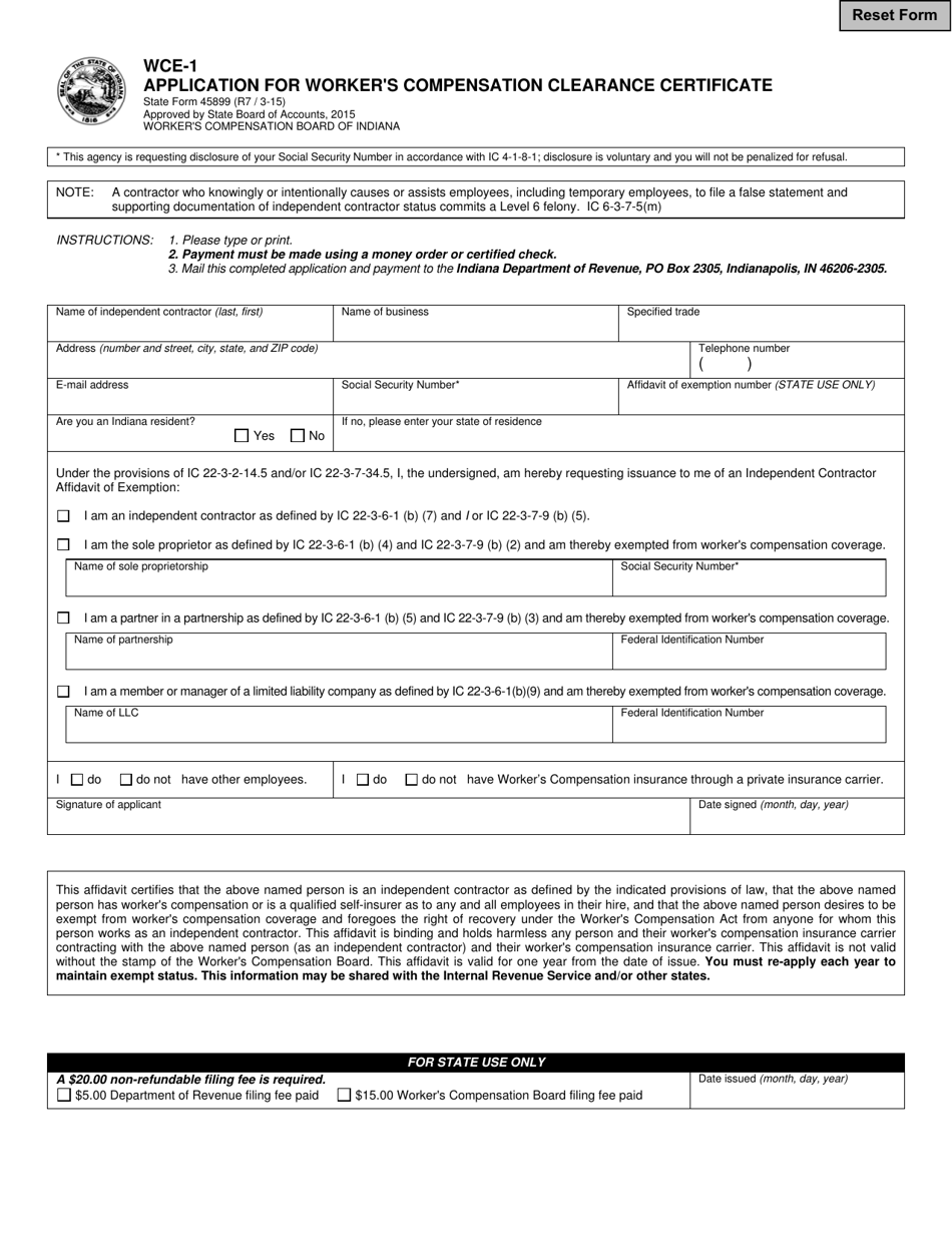 Form WCE-1 (State Form 45899) Application for Workers Compensation Clearance Certificate - Indiana, Page 1